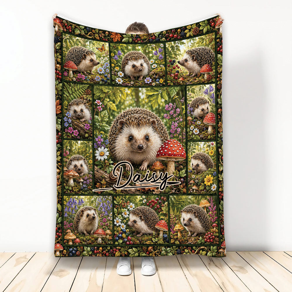 Hedgehog blanket featuring woodland forest scenes, wildflowers, berries, and mushrooms