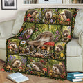 Cozy sofa featuring a detailed hedgehog blanket with flowers, berries, and mushrooms