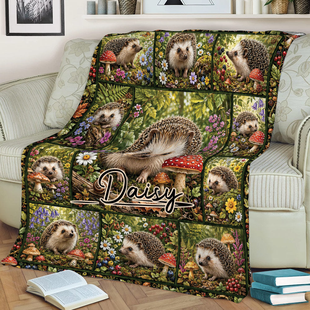 Cozy sofa featuring a detailed hedgehog blanket with flowers, berries, and mushrooms