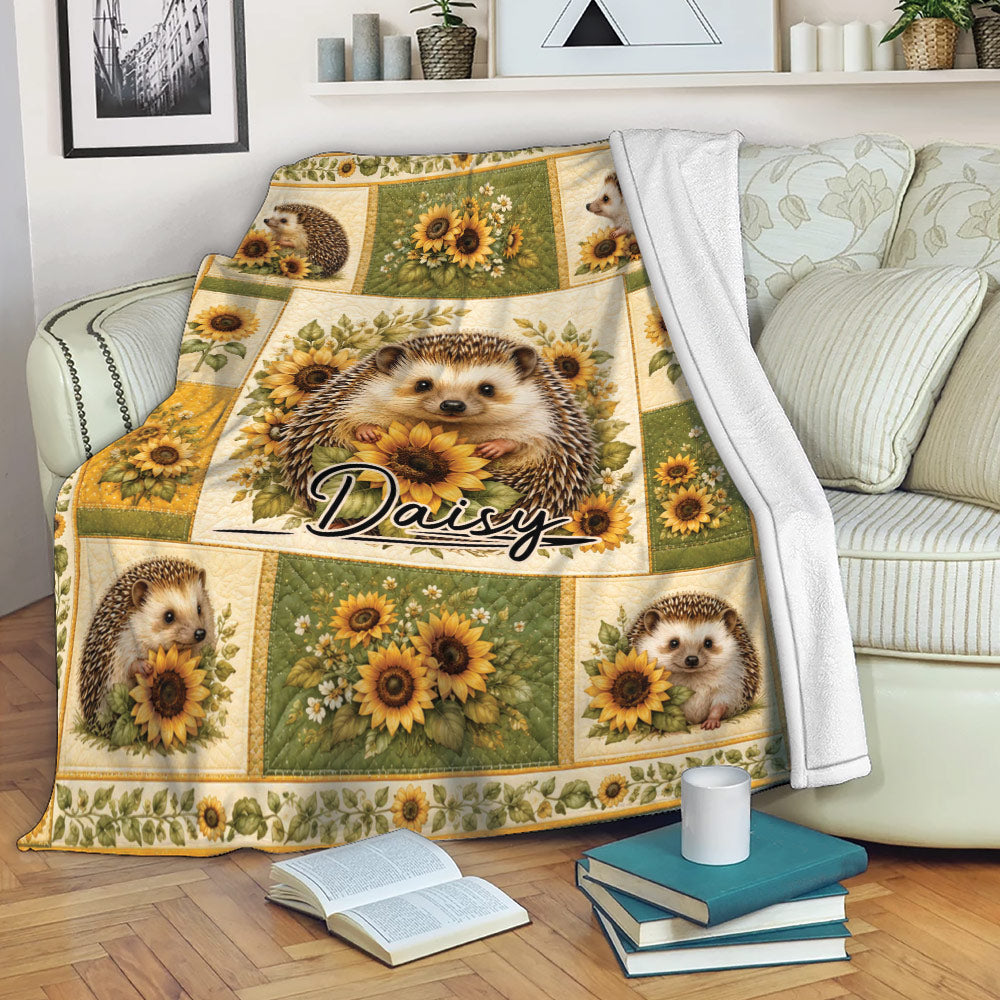 Hedgehog sunflower blanket draped over a sofa in a cozy living room