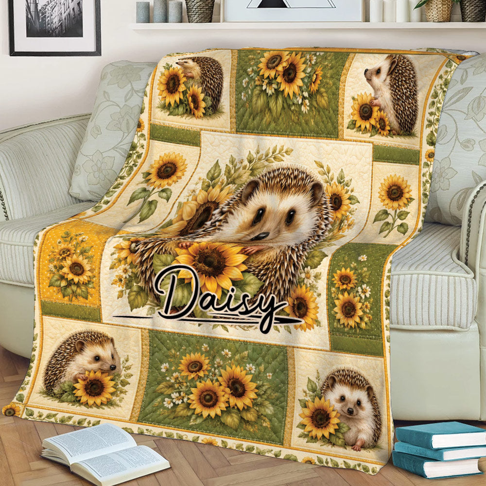Close view of a hedgehog sunflower throw blanket styled on a couch