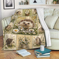 Hedgehog blanket draped over a sofa with floral garden artwork in a cozy living room