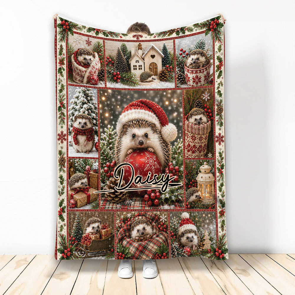 Christmas hedgehog throw blanket displayed with festive berries, pinecones, trees, gifts, and cozy holiday scenes