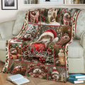 Christmas hedgehog throw blanket spread across a sofa, featuring cozy winter scenes, gifts, berries, and pine trees