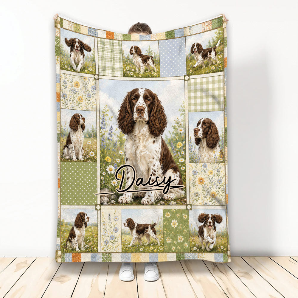 English Springer Spaniel throw blanket with floral patchwork artwork and scenic dog portraits