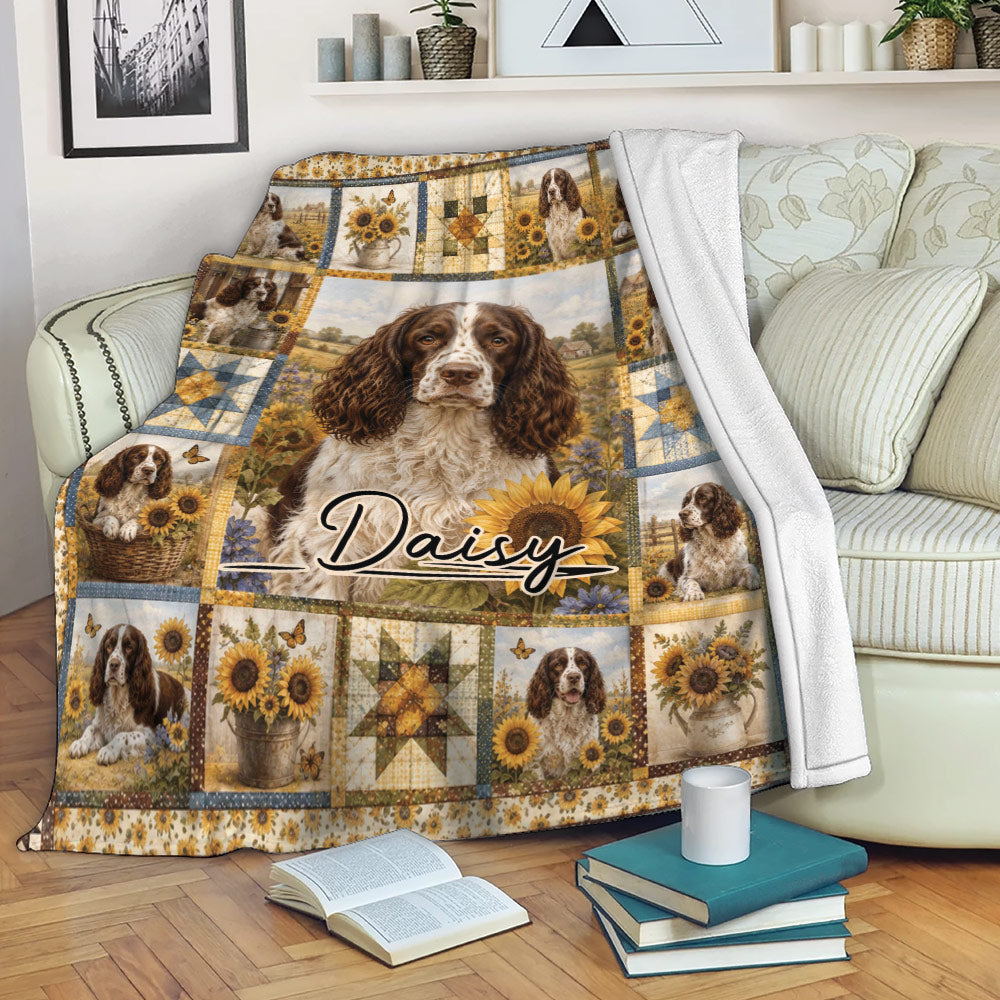English Springer Spaniel throw blanket draped over a sofa with sunflowers and rustic dog artwork