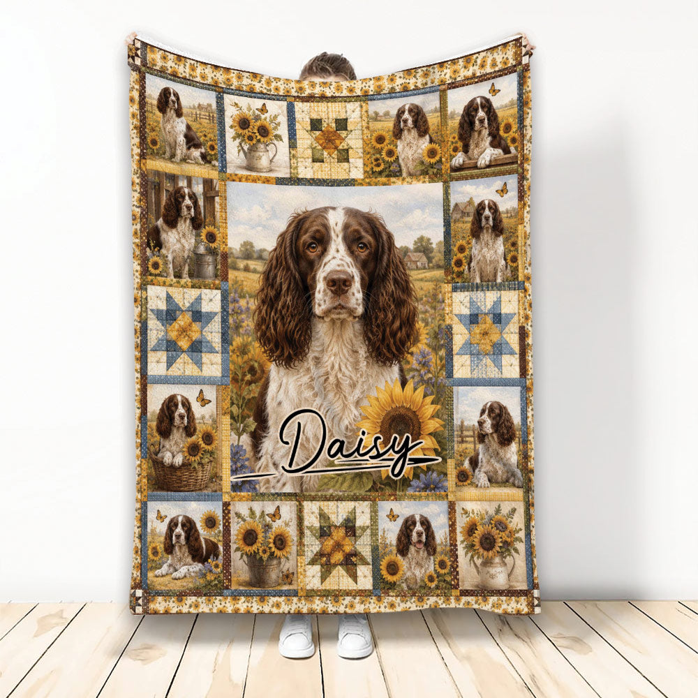 English Springer Spaniel blanket with sunflower artwork, pastoral scenes, and patchwork-inspired panels
