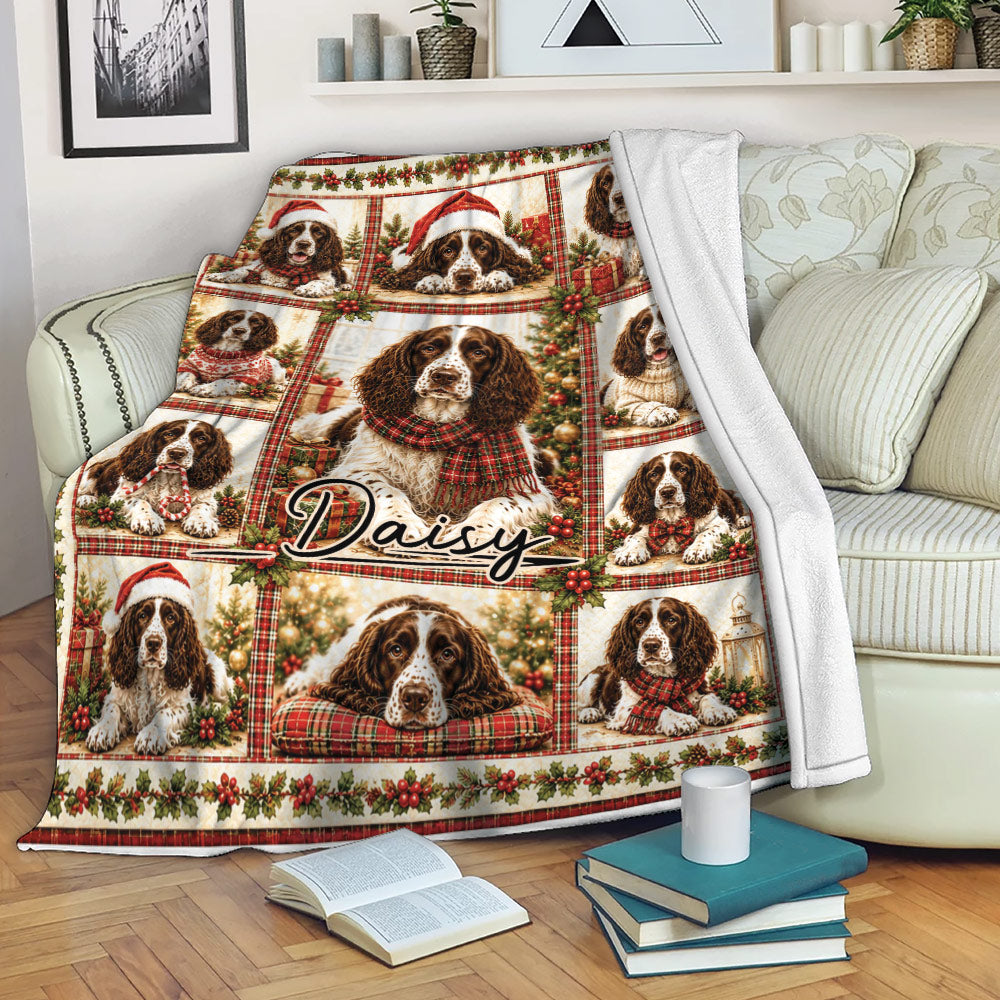 English Springer Spaniel Christmas throw blanket displayed on a sofa with plaid holiday artwork