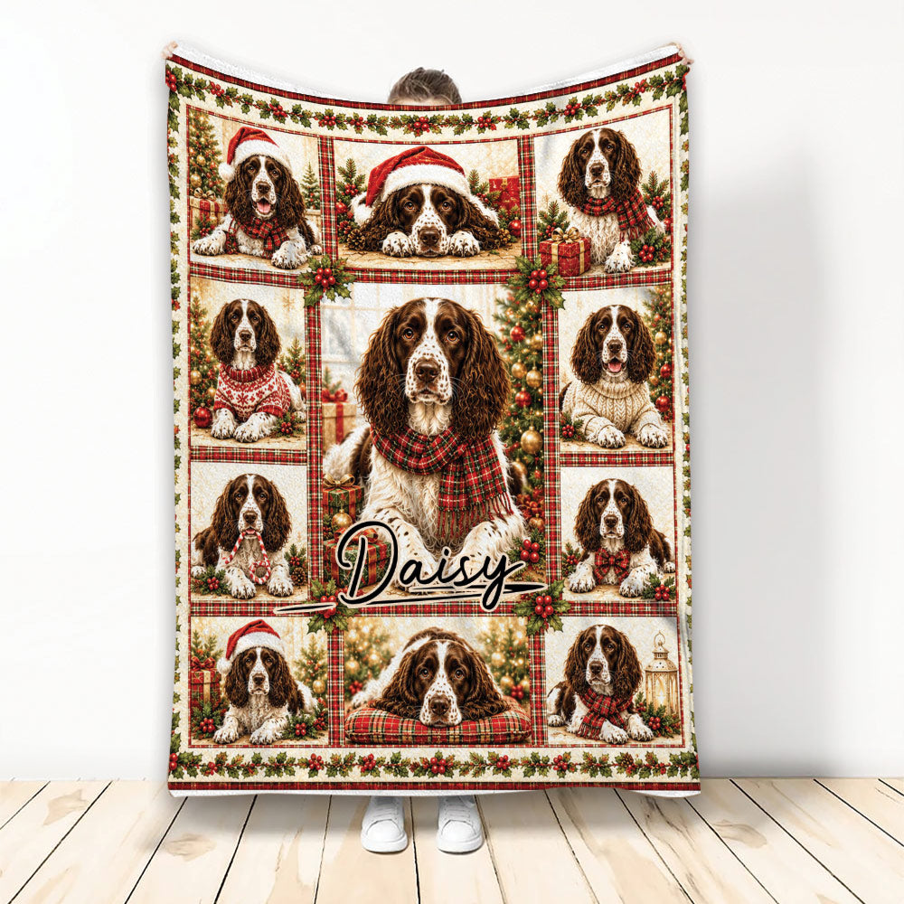 Christmas English Springer Spaniel blanket featuring festive dog portraits, plaid accents, holly and holiday scenes