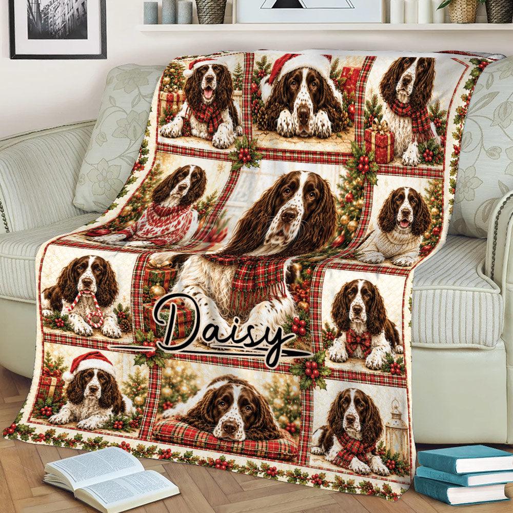 Festive English Springer Spaniel blanket draped over a sofa with Christmas portraits and holiday decorations