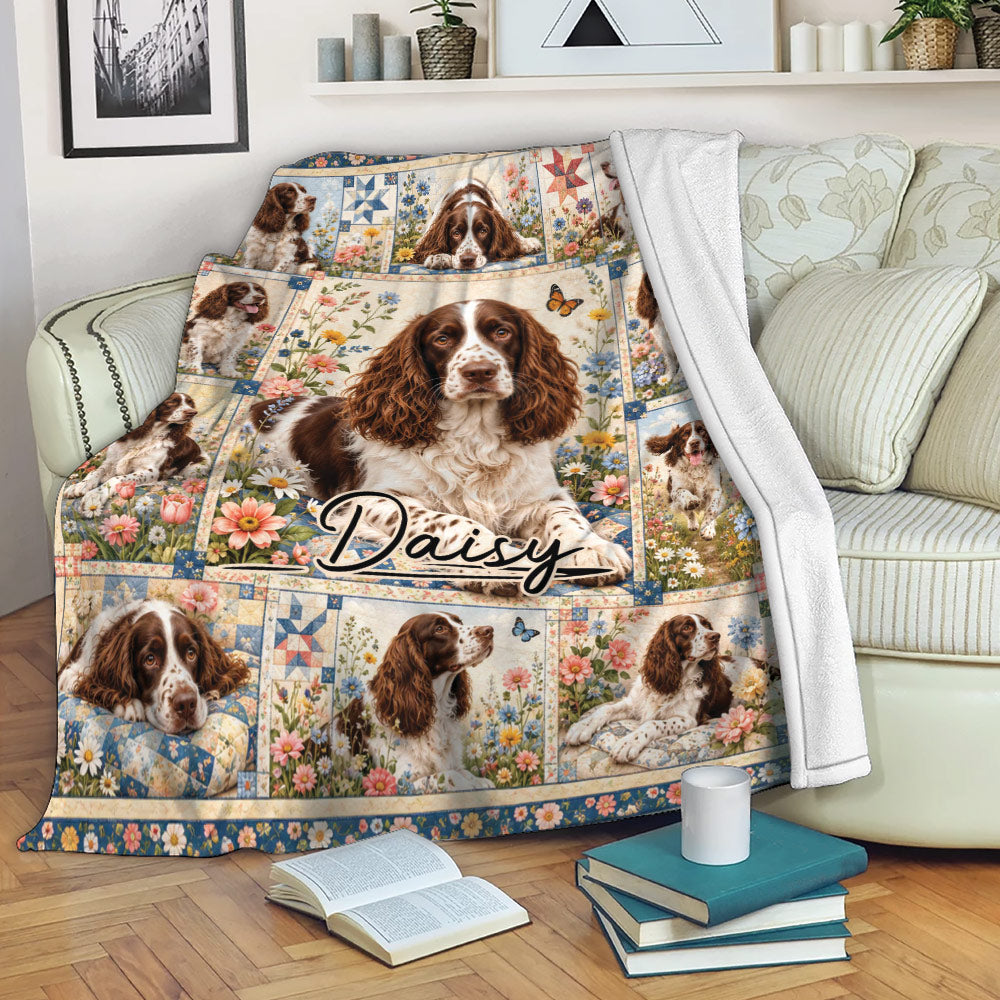 English Springer Spaniel throw blanket displayed on a sofa with floral dog artwork
