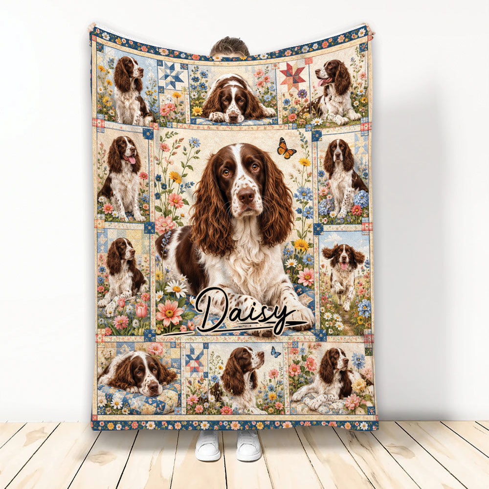 English Springer Spaniel blanket with floral patchwork artwork and multiple dog portraits