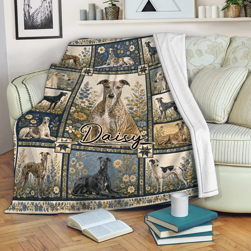 Greyhound throw blanket draped over a sofa, featuring floral artwork and multiple elegant dog portraits