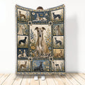 Greyhound throw blanket displayed vertically with floral panels, multiple dog portraits, and a blue and cream palette