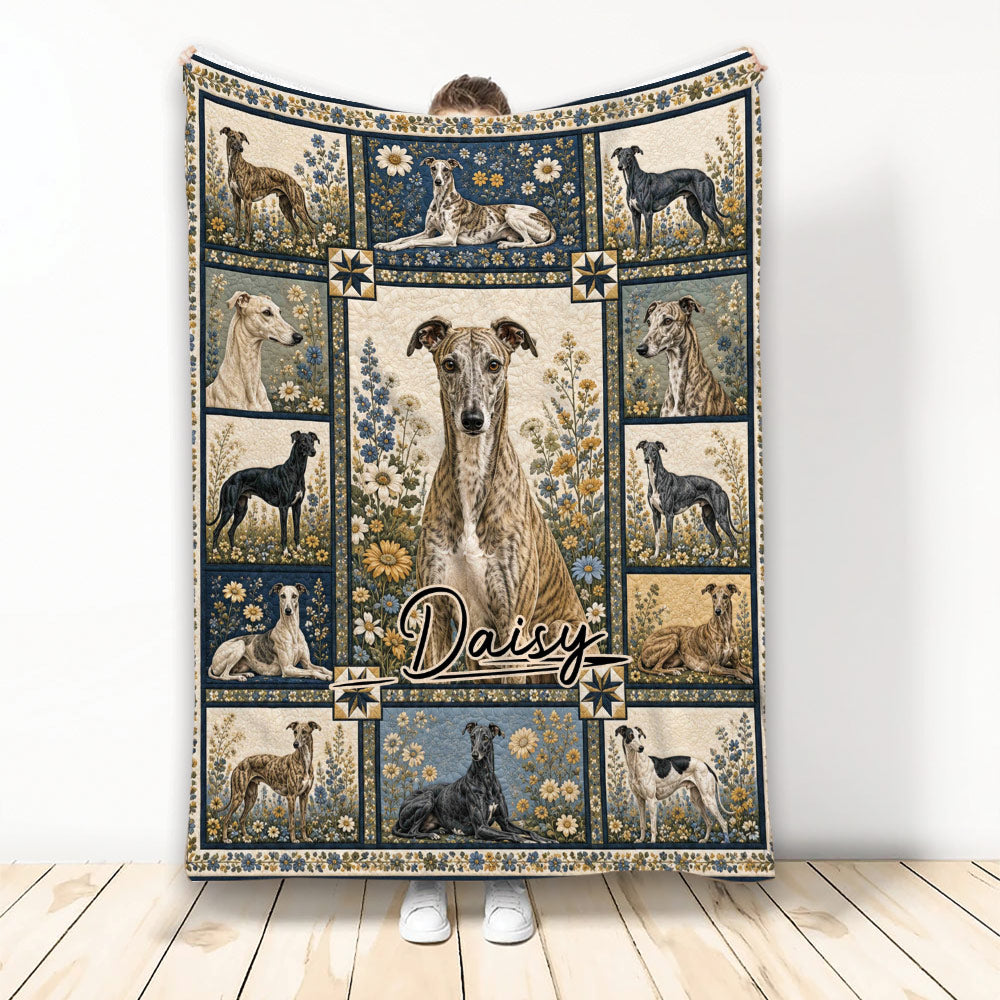 Greyhound throw blanket displayed vertically with floral panels, multiple dog portraits, and a blue and cream palette