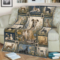 Floral Greyhound blanket spread across a sofa with detailed dog portraits in blue, cream, and gold panels