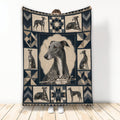 Greyhound throw blanket displayed upright with multiple dog portraits and navy beige geometric artwork
