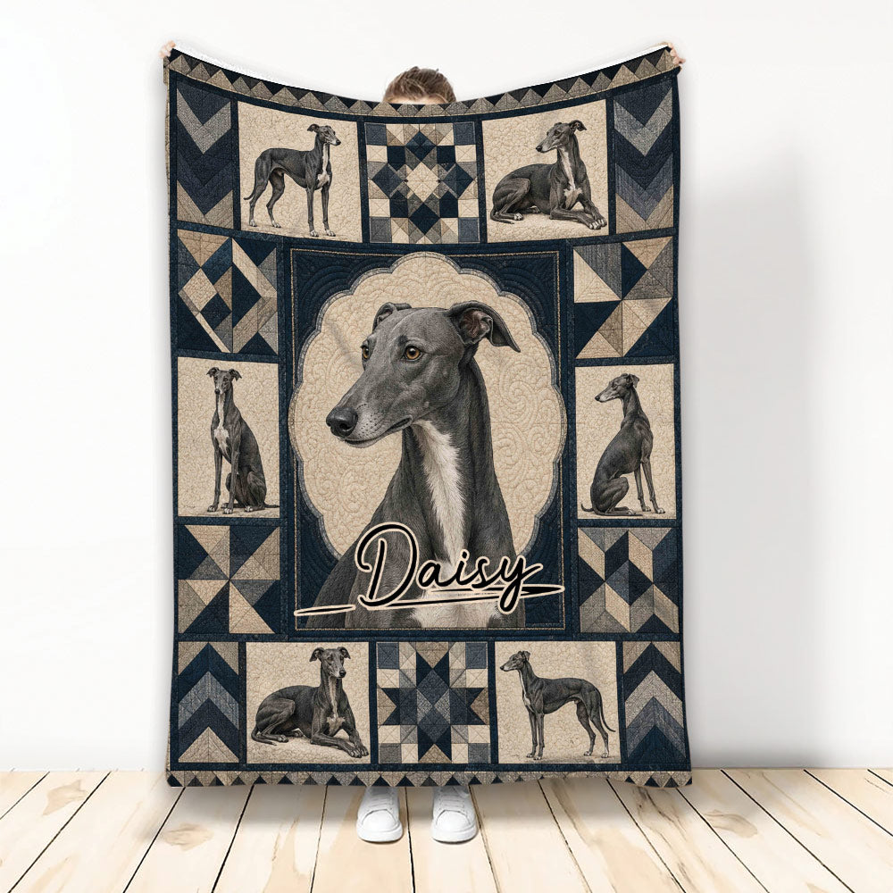 Greyhound throw blanket displayed upright with multiple dog portraits and navy beige geometric artwork