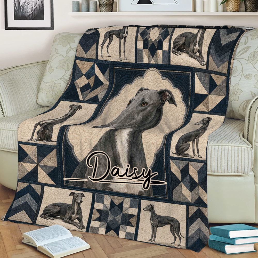 Greyhound throw blanket draped over a sofa, featuring a central dog portrait and coordinated geometric design