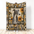 Greyhound throw blanket displayed vertically with sunflower artwork and coordinating geometric borders