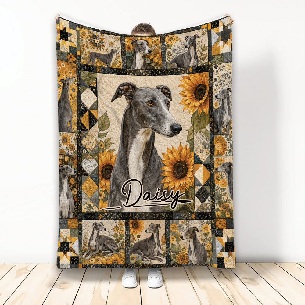 Greyhound throw blanket displayed vertically with sunflower artwork and coordinating geometric borders