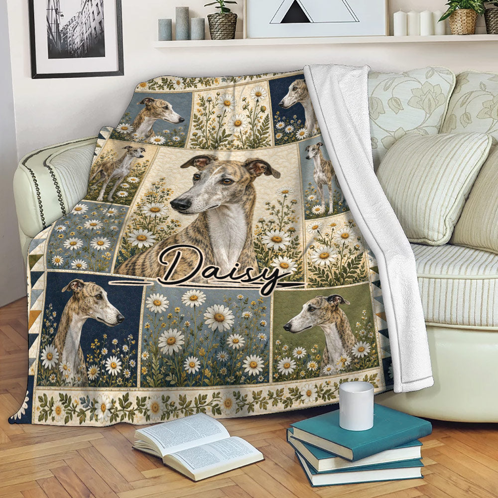 Floral Greyhound throw blanket draped over a sofa in a cozy living room setting