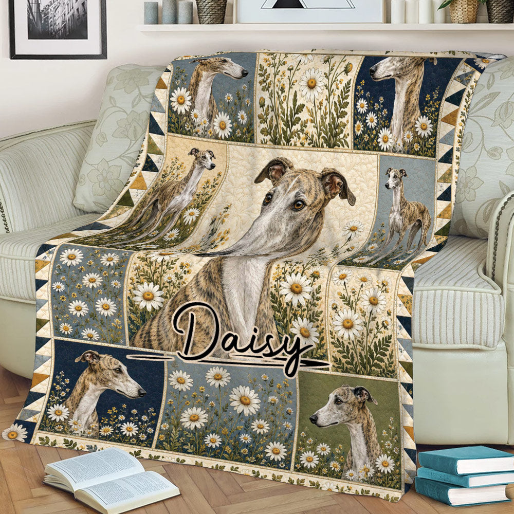 Close view of a Greyhound blanket with detailed dog portraits and daisy-filled floral artwork