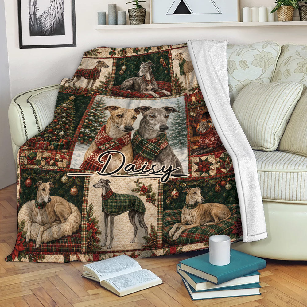 Christmas Greyhound throw blanket draped over a sofa with plaid dog scenes and holiday decor