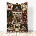 Christmas Greyhound blanket displayed upright with plaid scarves, ornaments, trees, and festive dog artwork
