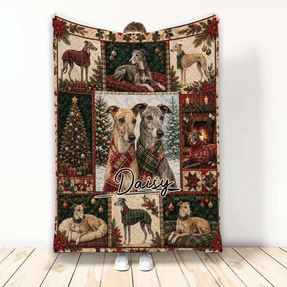 Christmas Greyhound blanket displayed upright with plaid scarves, ornaments, trees, and festive dog artwork
