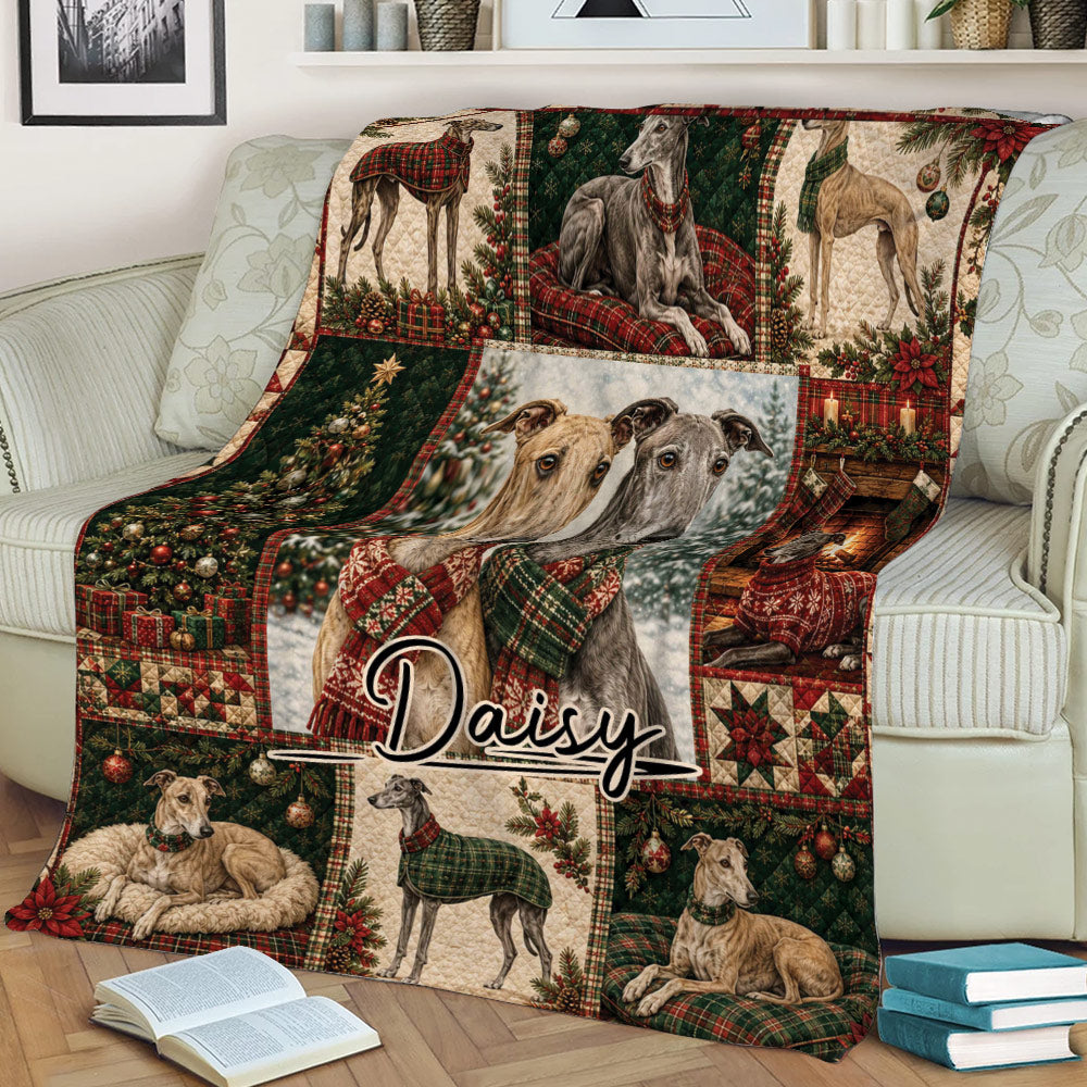 Festive Greyhound throw blanket spread across a sofa, featuring holiday collage artwork and plaid accents