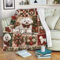 Bichon Frise Christmas throw blanket displayed on a sofa with festive plaid artwork