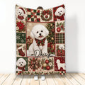 Christmas Bichon Frise blanket with festive plaid, ornaments, wreaths, and poinsettias