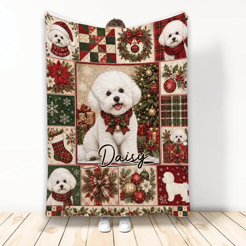 Christmas Bichon Frise blanket with festive plaid, ornaments, wreaths, and poinsettias