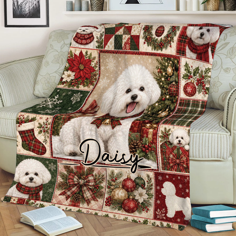 Close view of a Bichon Frise Christmas blanket with holiday gifts, ornaments, and greenery