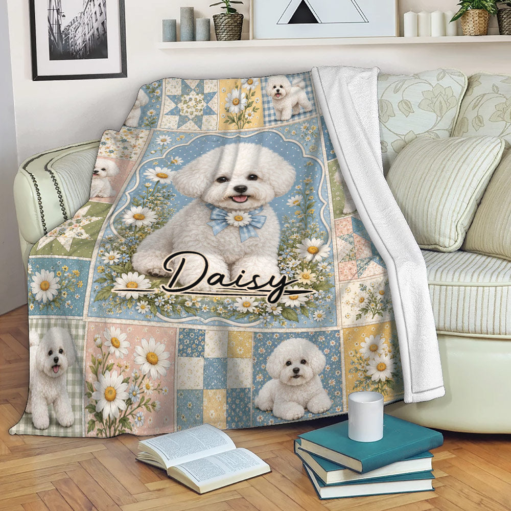Bichon Frise throw blanket displayed on a sofa with white curly dog and daisy artwork