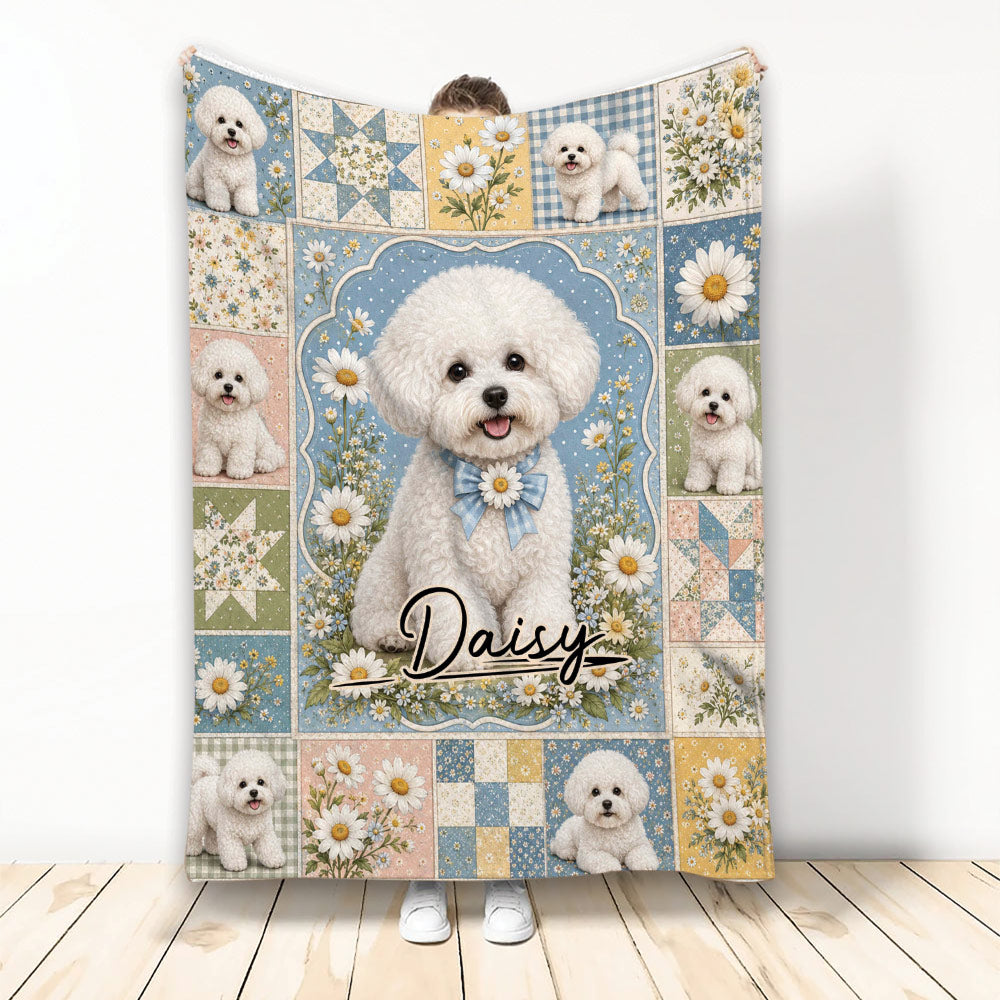 Bichon Frise blanket with white curly dogs, daisies, blue floral artwork, and patchwork-inspired accents