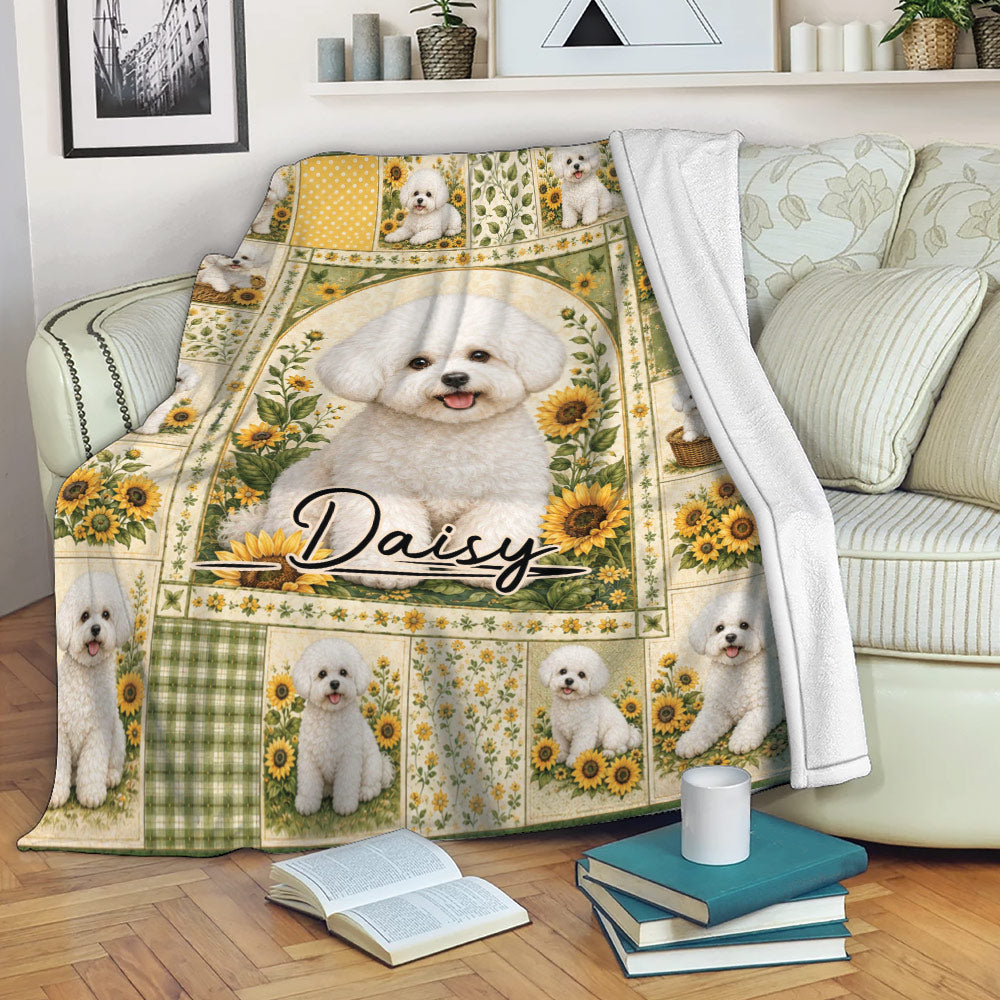 Bichon Frise throw blanket displayed on a sofa with sunflower and vintage patchwork artwork