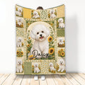 Bichon Frise blanket with sunflower patchwork, leafy accents, and a central fluffy white dog