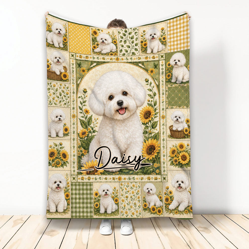 Bichon Frise blanket with sunflower patchwork, leafy accents, and a central fluffy white dog