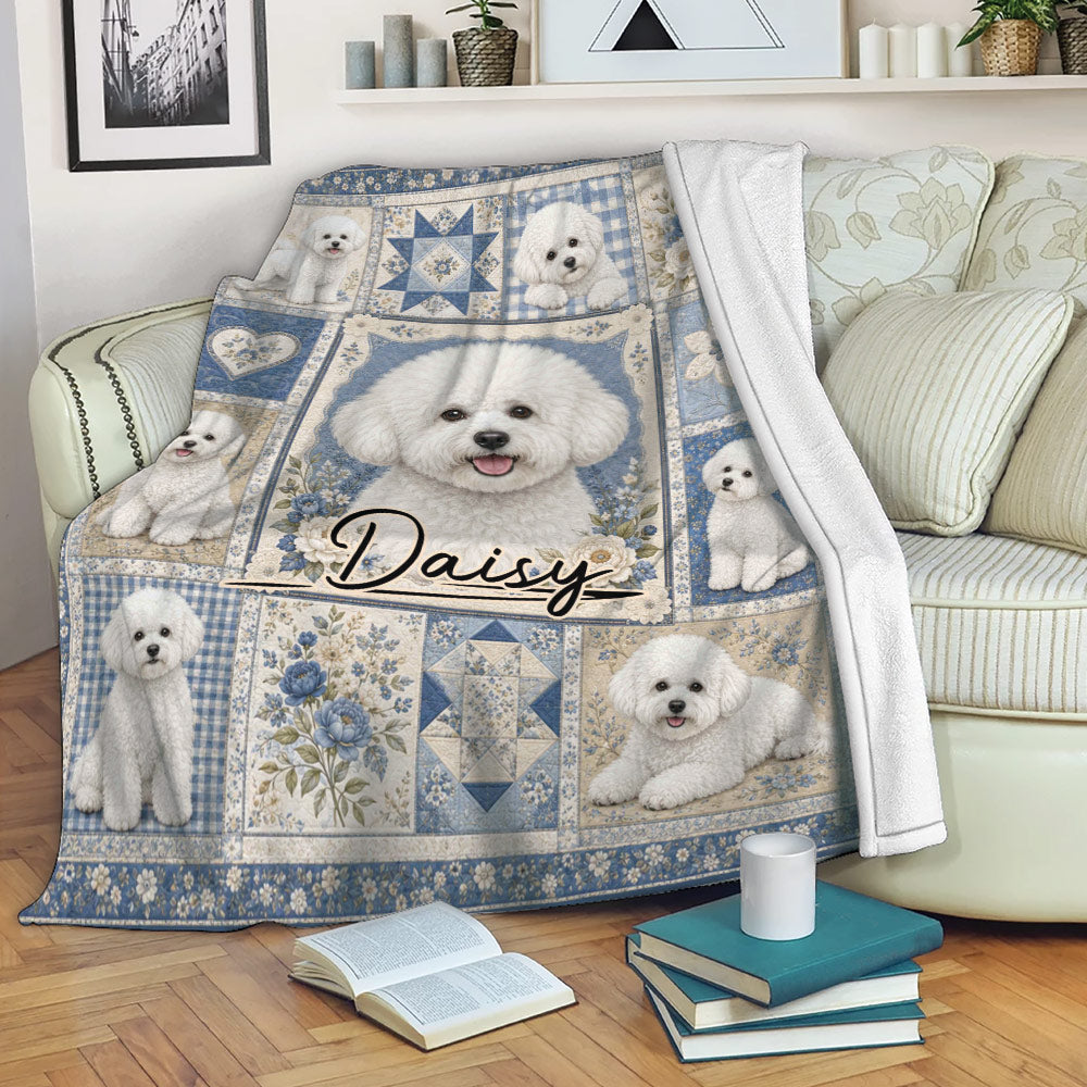 Bichon Frise throw blanket draped over a sofa with blue floral dog artwork in a cozy living room