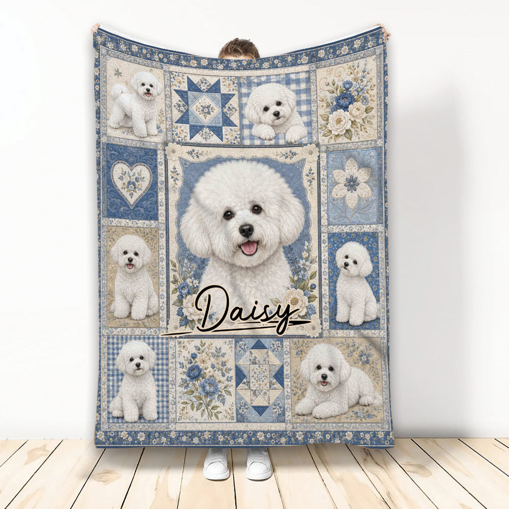 Bichon Frise blanket with multiple fluffy white dogs, blue floral accents, hearts, and decorative star motifs