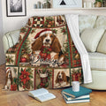 Basset Hound Christmas blanket draped over a couch with festive plaid and holiday artwork