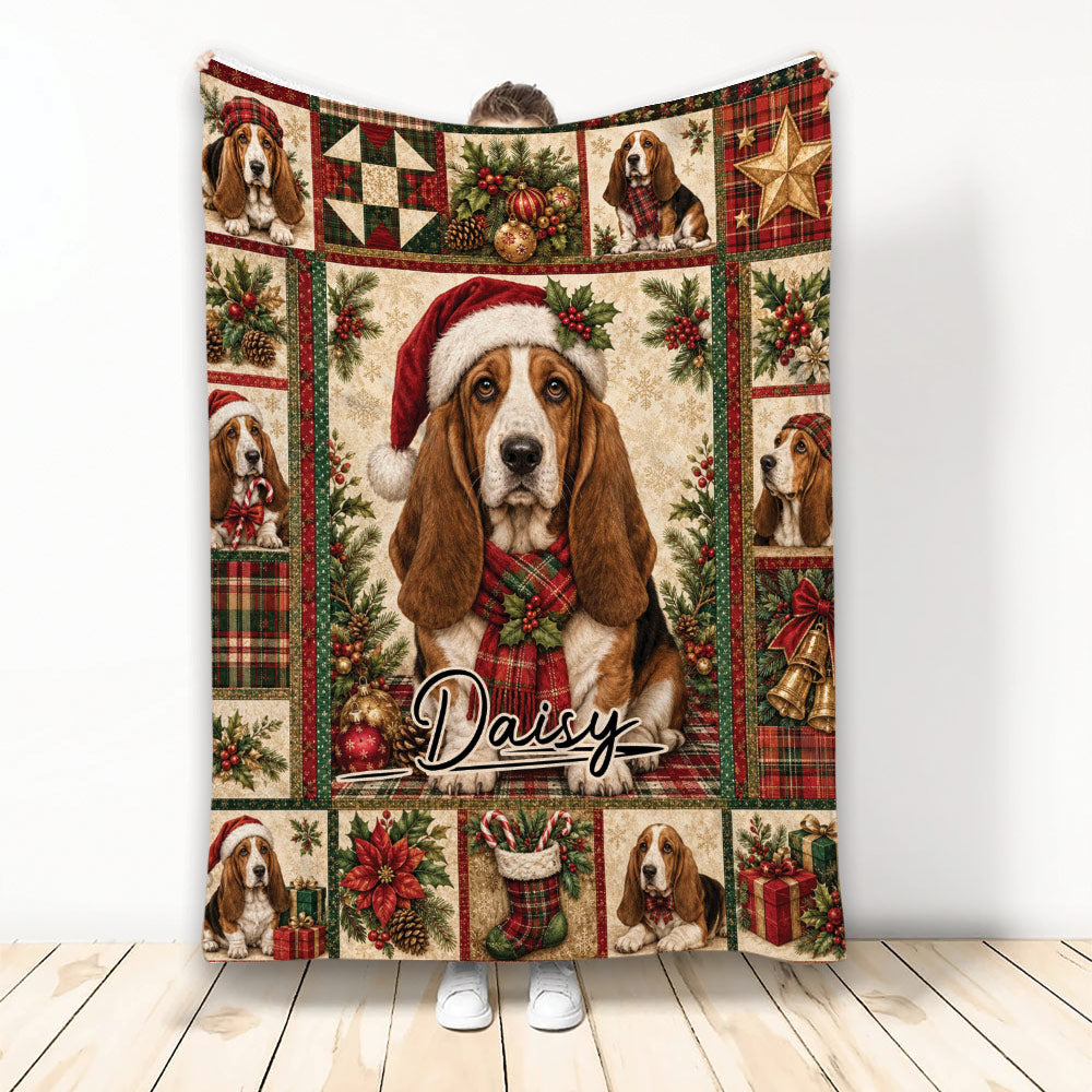 Basset Hound Christmas throw blanket with festive plaid, holly, gifts, ornaments, and holiday scenes