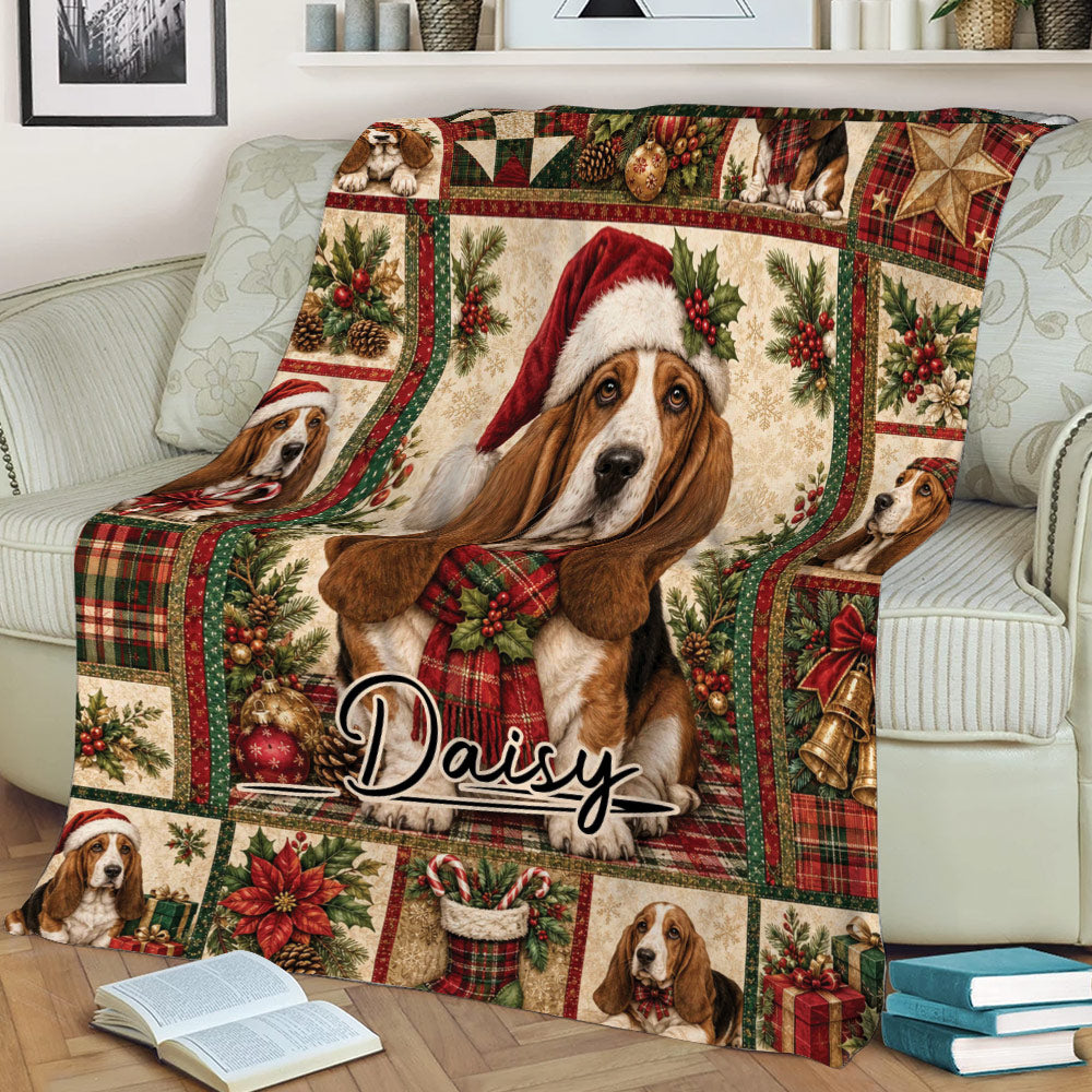 Basset Hound holiday throw blanket displayed on a sofa with Santa hats, holly, gifts, and plaid