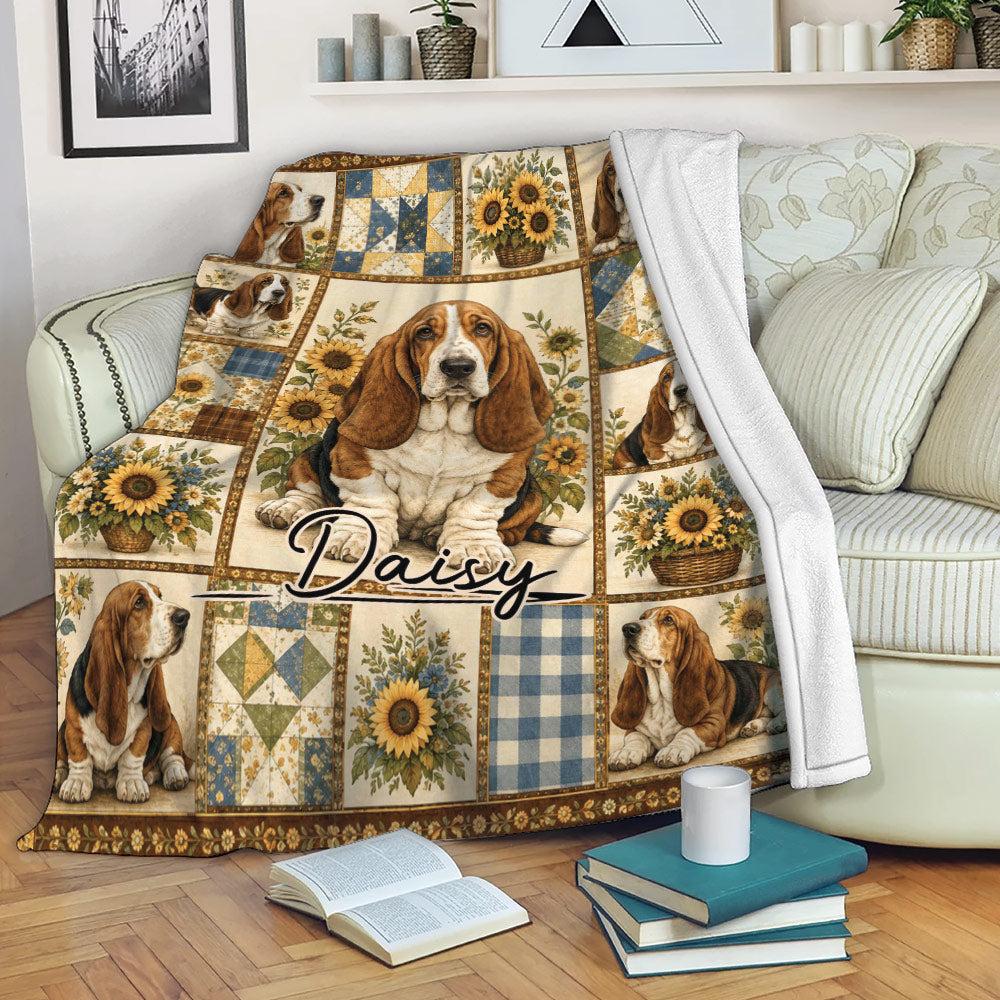 Basset Hound throw blanket displayed on a sofa with rustic quilt-style panels and sunflowers