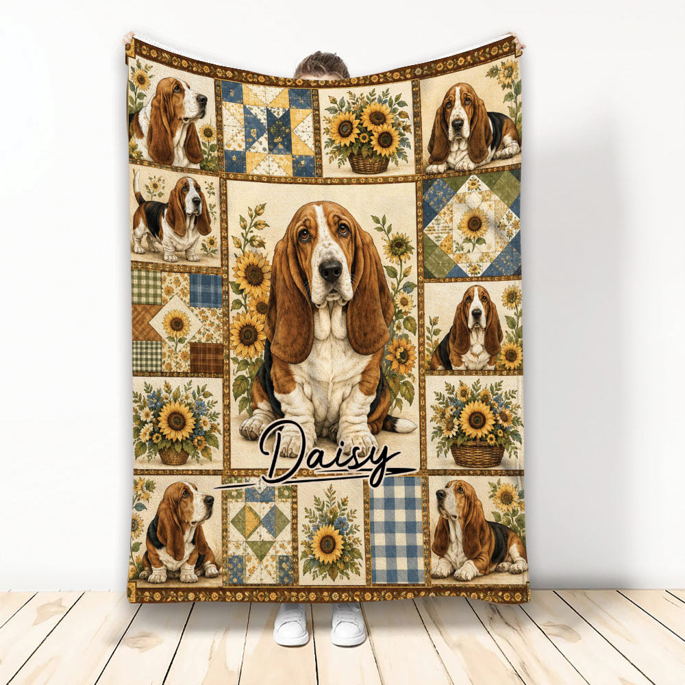 Basset Hound blanket with rustic patchwork panels, sunflower bouquets, and detailed dog artwork