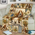 Rustic Basset Hound couch blanket featuring multiple dogs, sunflower motifs, and patchwork artwork