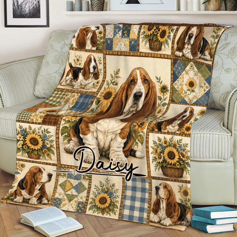 Rustic Basset Hound couch blanket featuring multiple dogs, sunflower motifs, and patchwork artwork
