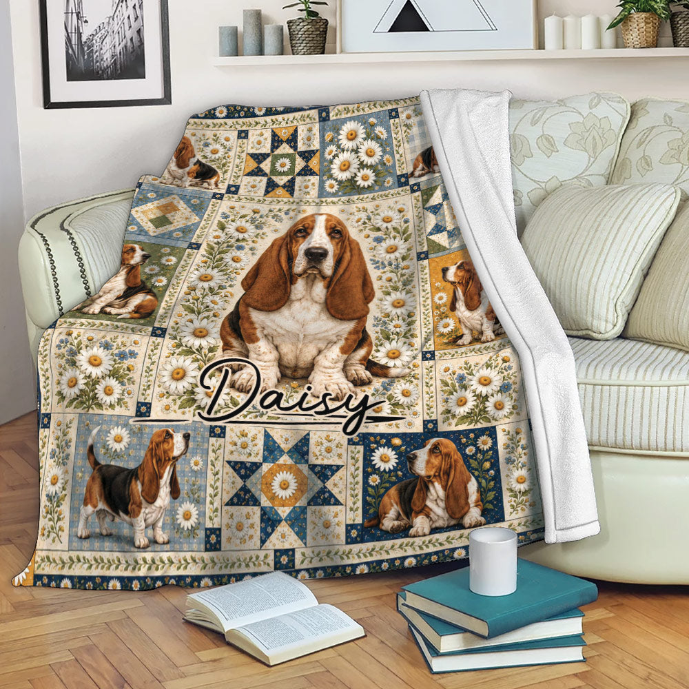 Basset Hound floral throw blanket draped across a sofa in a cozy living room